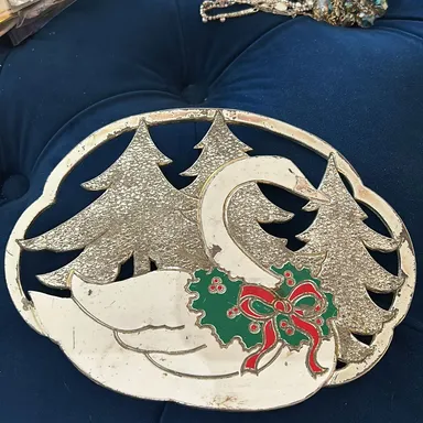 Vintage Christmas Swan Silver Plated Trivet, Retro Holiday Goose With Holly Collar Wreath, 1980's WM