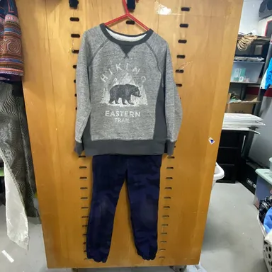 Boys 6T Set: Grey Teddy Bear Sweat Shirt + Blue Camo Lined Jogger Pants