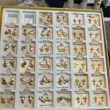 Vintage display filled with 34 pairs of stud earrings. Religious style earrings, TTS108*