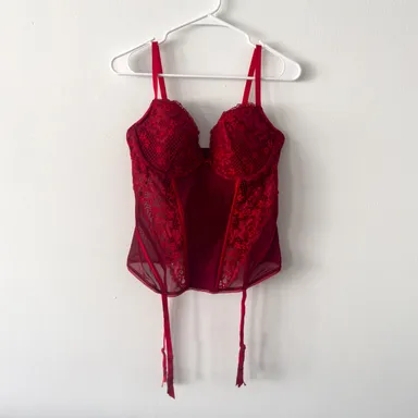 Adore Me Julienne Push Up Bustier Red Lacey With Garter Belt Straps Size 36DD
