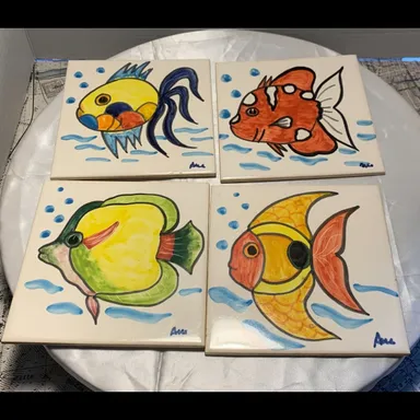 1122 Set of 4 hand-painted ceramic tiles fish 6 x 6 Trivets signed