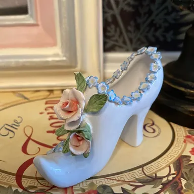 Vintage porcelain shoe with blue forget me nots and roses