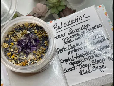 Relaxation Potion Hand and Body Scrub, Bath Soak, Crystals, Herbs, Flowers, essential oil