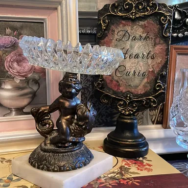 heavy diamond cut glass vanity dish bronze pedestal cherub riding fish sculpture on marble b
