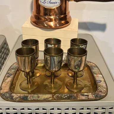 Vintage Alpaca Abalone Set - 6 Glasses & 1 Tray