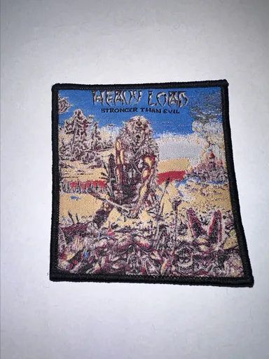 HEAVY LOAD,STRONGER THAN EVIL, SEW ON BLACK BORDER WOVEN PATCH