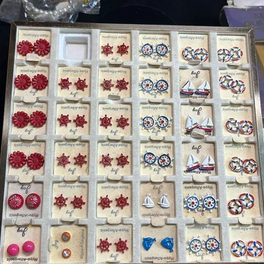 Vintage display filled with 35 pairs of stud earrings. Nautical style earrings, TTS107*