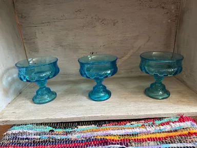 THREE Vintage Indiana Glass Aqua Blue Thumbprint Kings Crown Compote Candy Dish