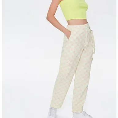 Women’s Neon Green Melon Checkered Cargo Pants Back Gartered single Suspenders