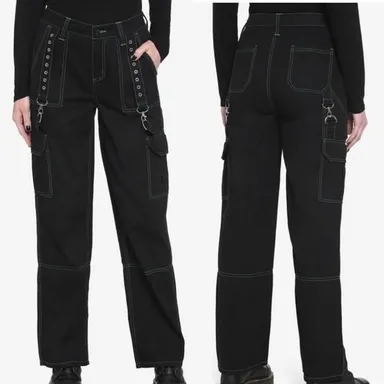 Hot Topic Women’s Black with Green Stitching Cargo Carpenter Pants Suspenders