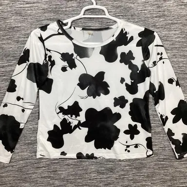 Women’s White Black Floral Round Neck Long Sleeves Shirt