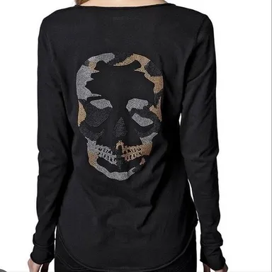 NWT $148 Zadig and Voltaire Tunisien ML Camo Skull Strass Henley Small