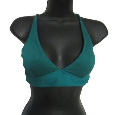 Deep Sea Cris Cross String Tie Back Teal Halter Triangle Bikini Swim Top Size L