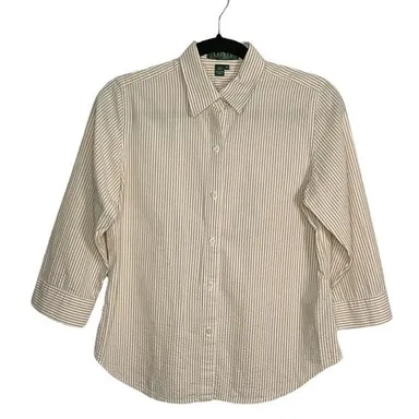 Lauren Ralph Lauren Petite Tan & White Pinstripe Seersucker Button Down Shirt