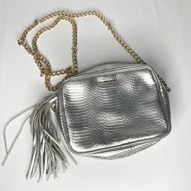 Victorias Secret Silver Crossbody Bag Metallic Snake Gold Chain Square Fringe S