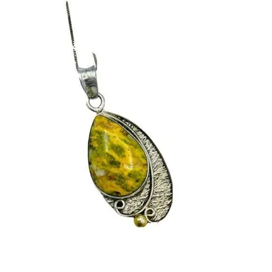 Sterling Silver  Bumble Bee Jasper Stone Pendant Necklace Artisan Abstract