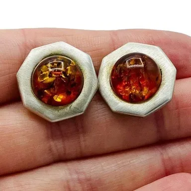 Vintage Sterling Silver Simulated Amber Octagon  Stud Earrings  Butterfly Unique