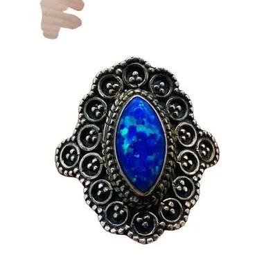 Sterling Silver 925 Simulated Blue Fire Opal Ring Size 9.25 Ornate Filigree