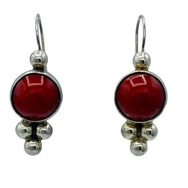 Vintage Taxco Mexico Sterling Silver Red Drop Dangle Earrings Statement