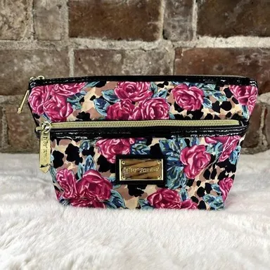 Betsey Johnson Pink & Blue Floral Makeup Bag Double Pouch 10" x 6"