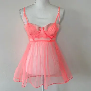 NWT Victoria Secret 36C/S Sexy Little Things Maid Apron Babydoll Thong Set  Pink