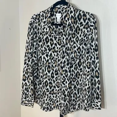 Chicos Blouse Size 3 Button Up Animal Print Long Sleeve 2 front pockets