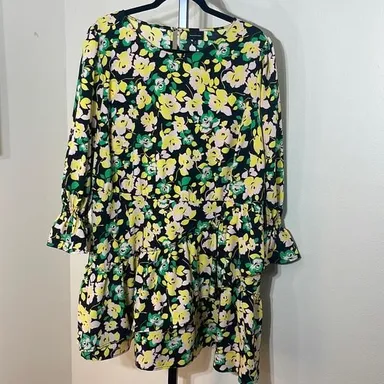 Who What Where Midi dress 1X green pink yellow floral long sleeve ruffled cuffs