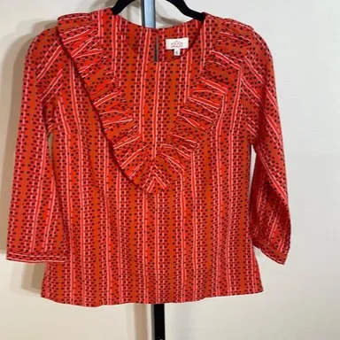 Arnaldo NWOT size 6 blouse 3/4 sleeves red/orange & navy polka dots