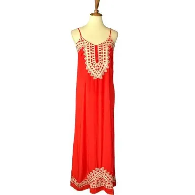 THML Red Embroidered Sundress Maxi Dress SMALL A-line Chiffon Boho Gypsy Resort