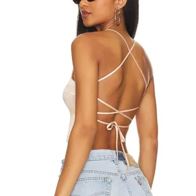 Superdown Maren Strappy Back Crop Top Champagne SMALL Backless Satin Nude NEW