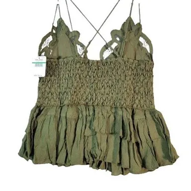 Free People Adella Cami Olive Green Sparrow Lace Ruffled Tank Top - Small NWT