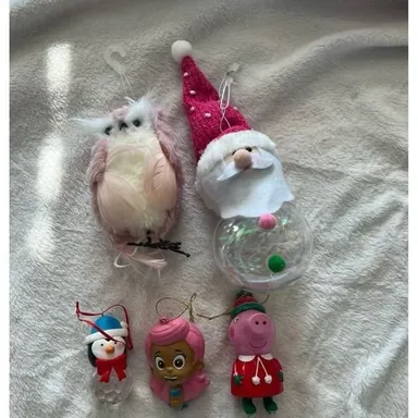Owl, peppa pig, mermaid, santa w pink hat.. pink ornament lot
