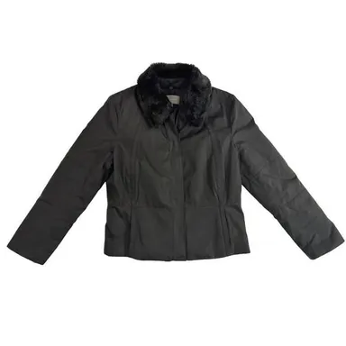 Women's ANN TAYLOR Black Full Zip Jacket L Faux Fur Collar Zip Sleeves Pockets