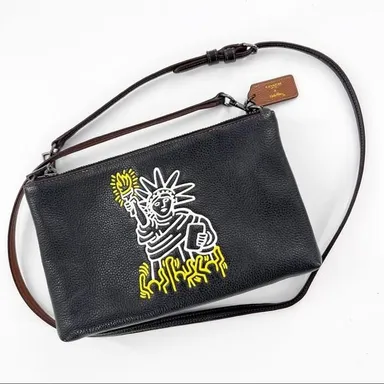 032. Coach x Keith Haring Lyla Statue of Liberty NYC Black Leather Crossbody Bag