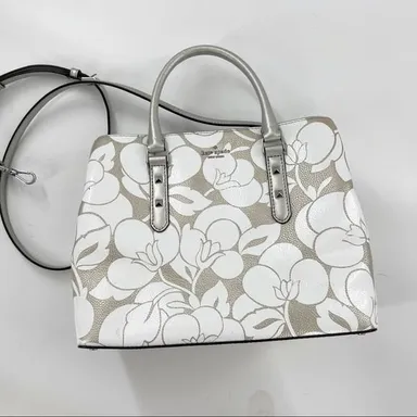 046.Kate Spade NY Evangelie Larchmont Avenue Breezy Floral Silver/White Leather Satchel