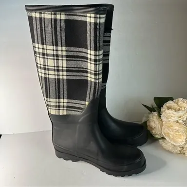 JCrew Sz 6 White Black Plaid Grosgrain Bow Rain Boots