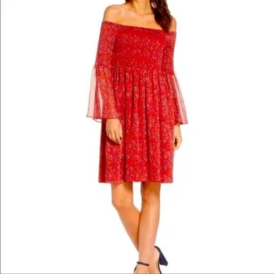 Sam Edelman red floral dress off shoulder size 12 large bell sleeve