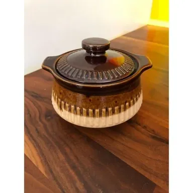 Vintage Individual Stoneware Crock w Lid Chili French Onion Soup Sugar Bowl