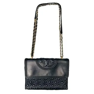 TORY BURCH Fleming Convertible Black Quilted Leather Shoulder Bag Crossbody Chai