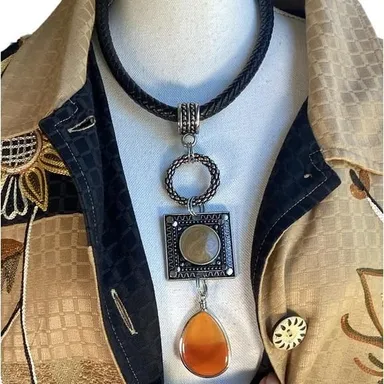 Amber & Silver Necklace w Braided Leather Cord (AC)