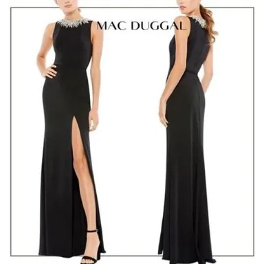 NWT Mac Duggal Column Gown 26516 Long Formal Fitted Prom Dress Black Rhinestone