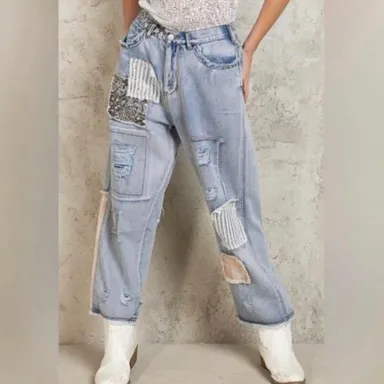 POL Boho Coastal Patchwork Lightweight High Rise Denim Jeans S