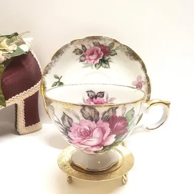 Vintage Hand Painted Pink Flower & Gold Glitter Trim Tea Cup & Saucer Tea Party