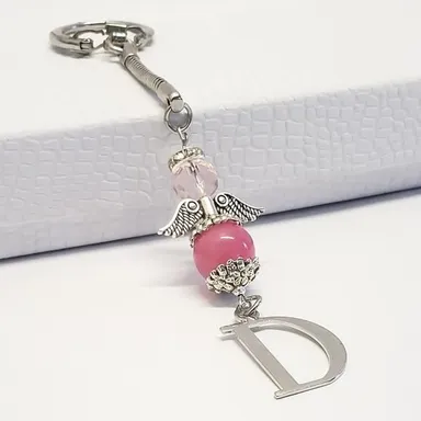 Handmade Pink Beaded Guardian Angel & Letter D Keychain