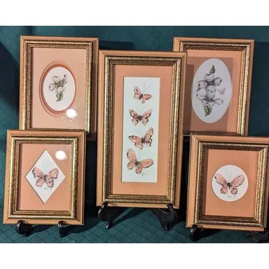 Set Of 5 Carol Morrison Watercolor Butterflies & Flowers, Framed, Signed