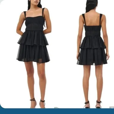 Jonathan Simkhai Annabella Minidress Size 10 Black Tiered Layer Plissé Tulle NWT