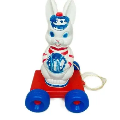 vintage Tico Toys bunny Rabit plastic pull toy kids collectable Red White Blue