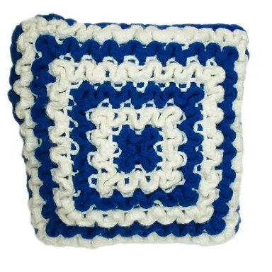 Vintage Hand Crochet Throw Pillow White & Blue 13” Square Farmhouse Country
