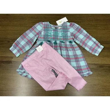 NWT Peek 12-18M Kid's Plaid Embroidered Cotton Gauze Dress Pink pants outfit