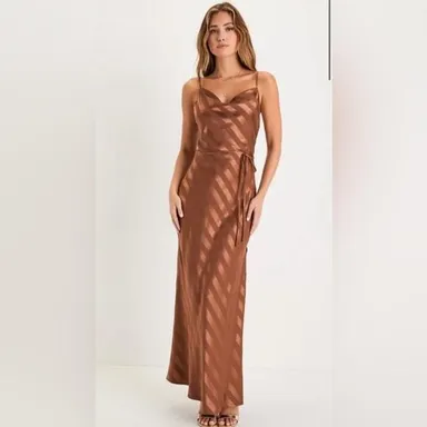 Lulu's NWT Sleek Sophisticate Bronze Satin Striped Backless Cowl Maxi Dress